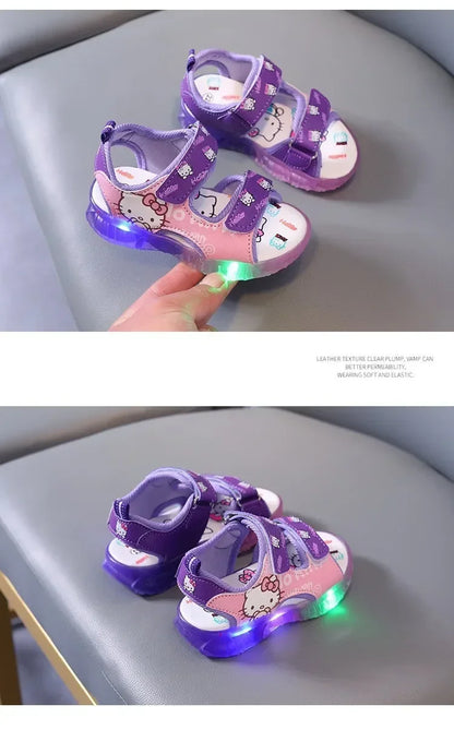 Summer New Baby Girls Led Light Sandals Cute Hello Kitty Children's Casual Shoes Anti-slip Kids Beach Shoes Outdoor Shoes
