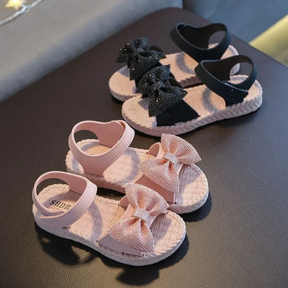 Kids Shoes Summer Girls Sandals Bow Non-slip Soft Soled Versatile Solid Korean Children Sweet Princess Shoes Beach Sandals