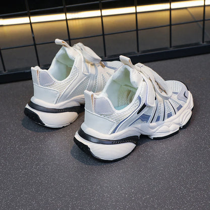 Girl's Color Block Mesh Breathable Chunky Shoes Comfy Non Slip Lace Up Durable Sneakers For Kid's Outdoor Activities