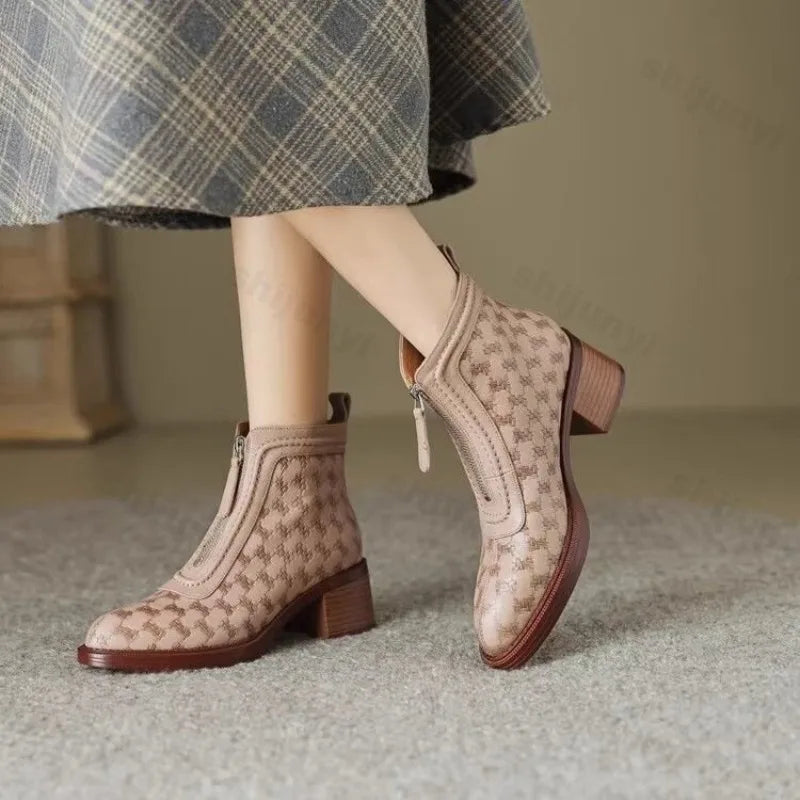 Women's Short Boots New Autumn Winter Zipper Vintage Chunky Heel Middle Heel Shoes Comfortable Warm Non Slip Fashion Boots