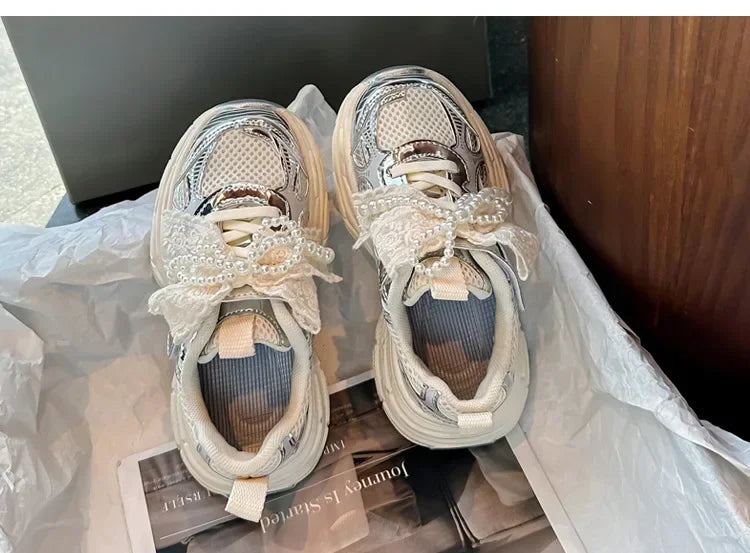 Girls Running Shoes with Sweet Mesh Bow Kids Sports Shoes Breathable New Fashion Children Sneakers Princess Style Cute