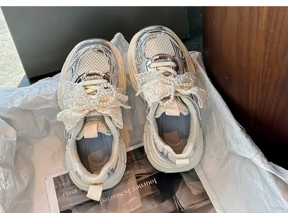 Girls Running Shoes with Sweet Mesh Bow Kids Sports Shoes Breathable New Fashion Children Sneakers Princess Style Cute