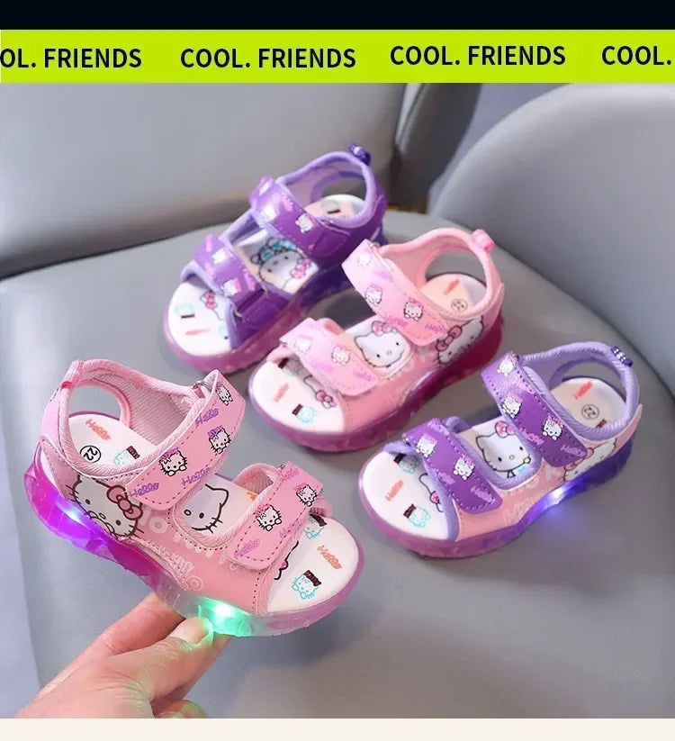 Summer New Baby Girls Led Light Sandals Cute Hello Kitty Children's Casual Shoes Anti-slip Kids Beach Shoes Outdoor Shoes