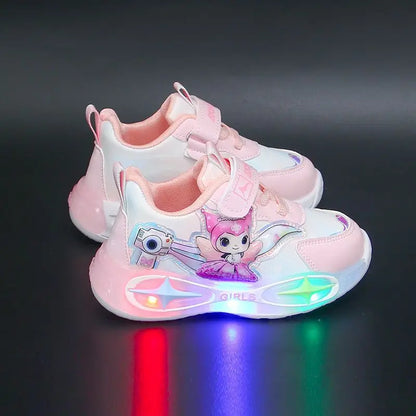 Sanrio Kuromi Girls Light Up Sneakers New Waterproof Leather Princess Running Casual Sports Shoes with Cotton Lined for Kids