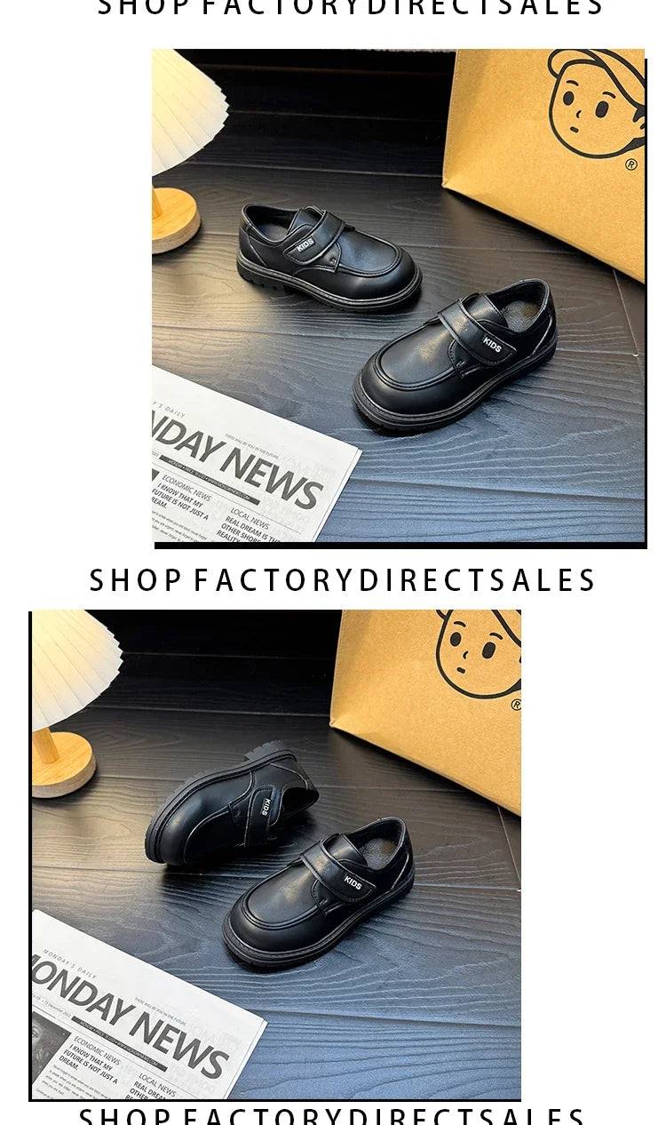 Boys Casual Leather Shoes Black Party Shoes for Formal Wedding School Fashion Classic Hook & Loop Kids Fashion Casual Loafers
