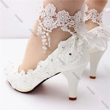 New Shoes Woman Bride Elegant White Lace Pearl Design High Heels Women's High Heels Bride Wedding Shoes Ladies
