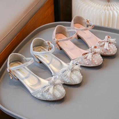 Girls' Bow Sandals Fashion Princess Shoes for Party Wedding 2025 Summer New Kids Rhinestone High Heels Children's Leather Shoes