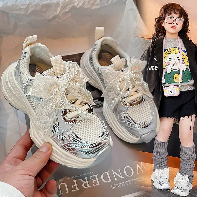 Girls Running Shoes with Sweet Mesh Bow Kids Sports Shoes Breathable New Fashion Children Sneakers Princess Style Cute