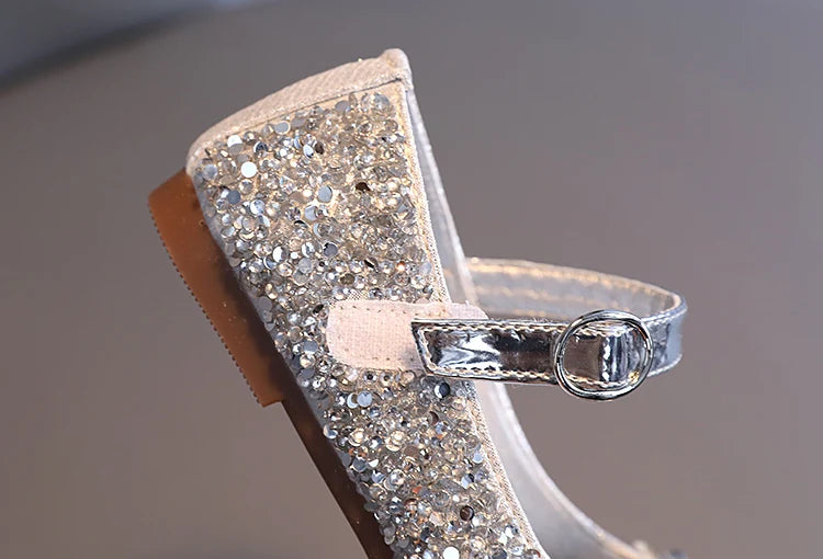 Girl's Princess Shoes Crystal Sequins Bowtie Party Glitter Children Mary Janes Three Colors Wedding Shallow Chic Kids Shoe 26-36