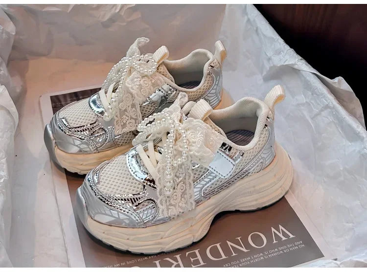Girls Running Shoes with Sweet Mesh Bow Kids Sports Shoes Breathable New Fashion Children Sneakers Princess Style Cute