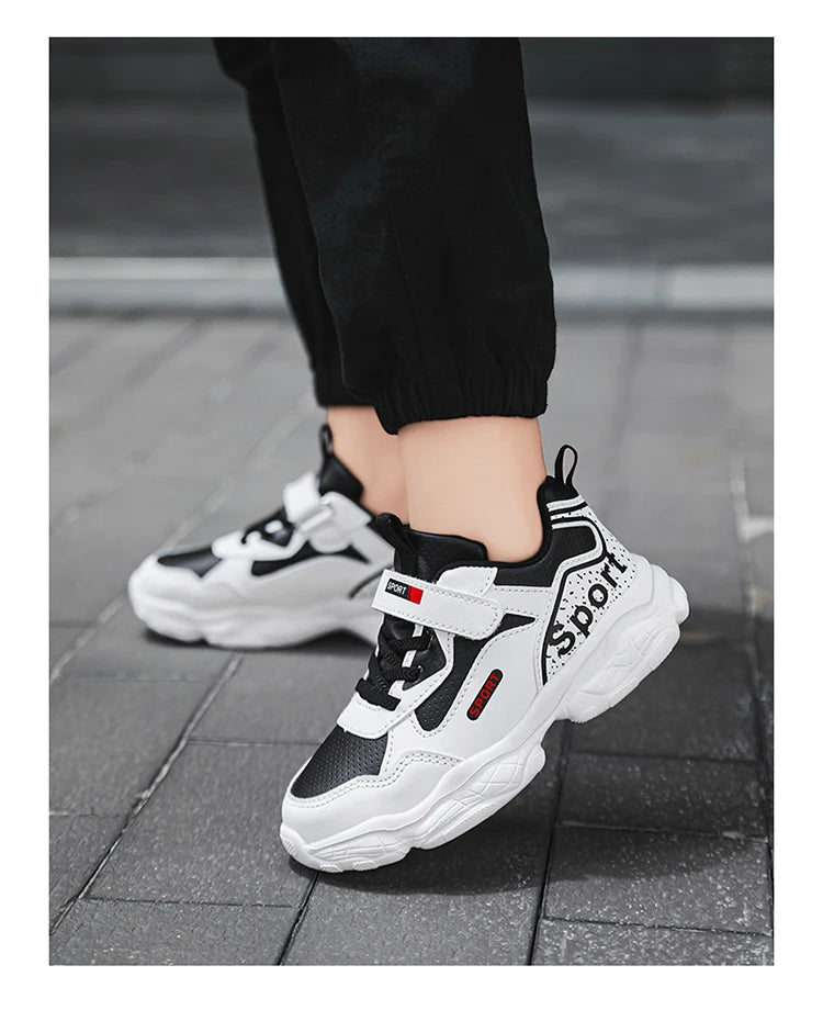 Boys Shoes Sneakers Leather Children Comfortable Flat Shoes Black White Shoes for Kids Girls School Walking Footwear Non Slip