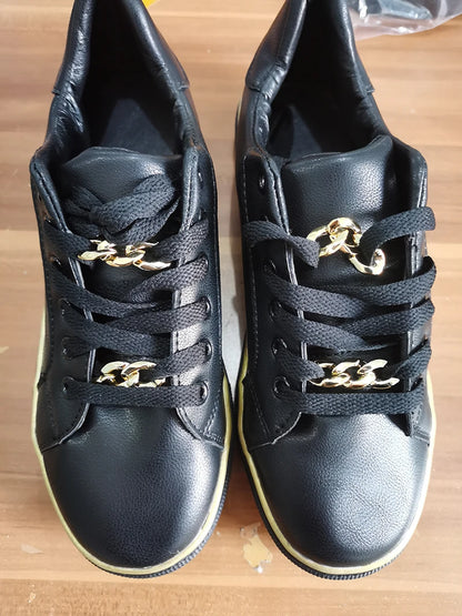 Women's Sneakers New Fashion Chain Leather Comfortable Round Toe Platform Sneakers Lace-up Walking Women's Vulcanized Shoes