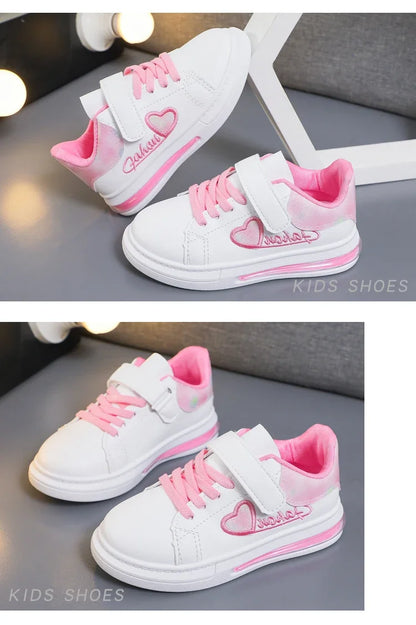 Children's Sneakers 2024 New Girls Love Embroidery Casual Shoes Fashion Leather Kids School Running Sports Shoes Soft Hook Loop