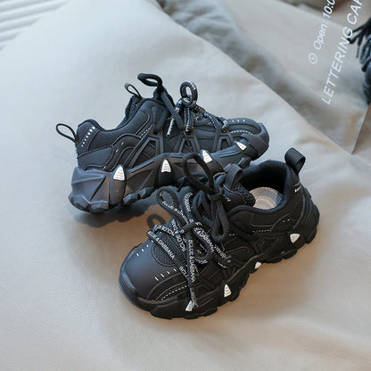 Children's Sneakers Four Seasons Leather Boys Girls Single Shoes Black Soft Bottom Non-slip Kids Running Shoes