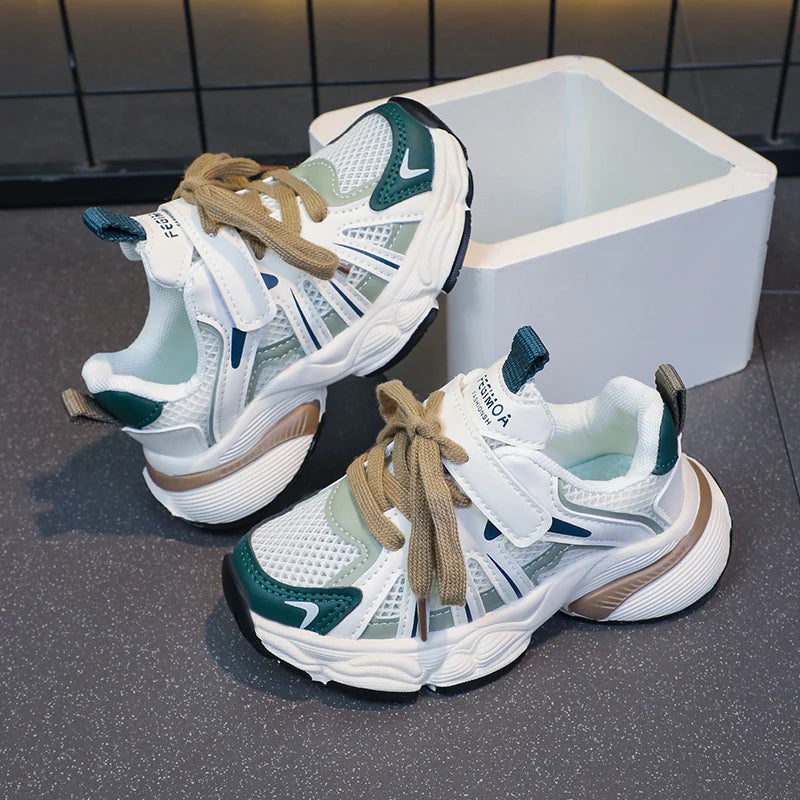Girl's Color Block Mesh Breathable Chunky Shoes Comfy Non Slip Lace Up Durable Sneakers For Kid's Outdoor Activities