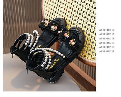 Children's Sandals Summer Bowtie Princess Shoes for Girls Fashion Sweet Kids Causal Pearl Roman Sandals Solid Color Hook Loop