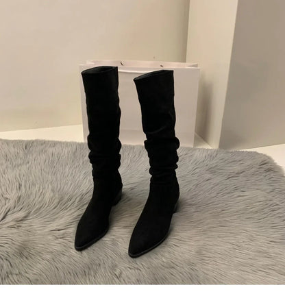 Women's Suede High-heeled Boots for Autumn and Winter, New Plush Pointed Stacking Boots, Fashionable Outdoor Knight Boots