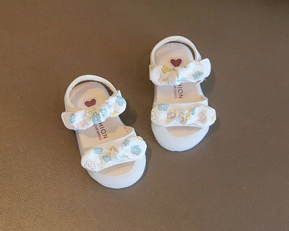 Baby Walking Shoes Non-slip Toes Capped Girls Beach Shoes with Flower 2025 Summer New Kids Sandals Double Bows Sweet Soft Sole
