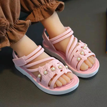 Chic Toddler Girls' Flower Adorned Open Toe Sandals - Comfy, Non-Slip Sole with Easy Hook and Loop Closure for Casual Wear