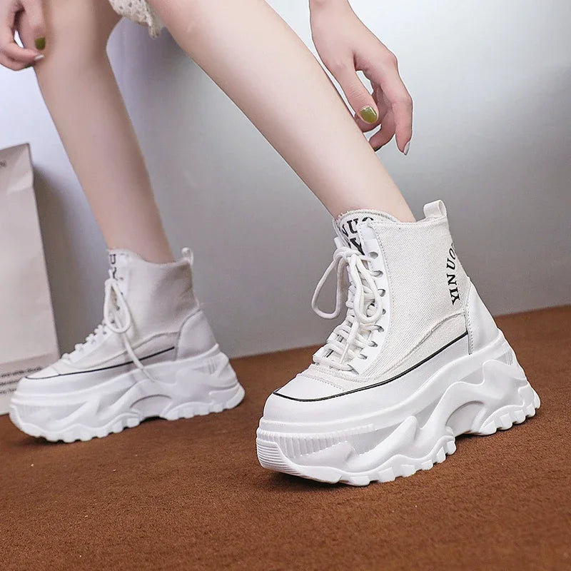 Women Sneakers High Top Platform Breathable Leather Shoes Autumn Ladies Wedges Casual Shoes For Woman Sports Dad Shoes 8CM