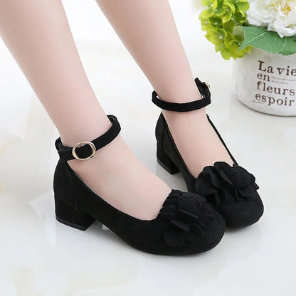 Girl's High Heel Shoes Spring Autumn Kids Leather Shoe Fashion Sweet Flower Children Princess Shoes for Wedding Party Versatile