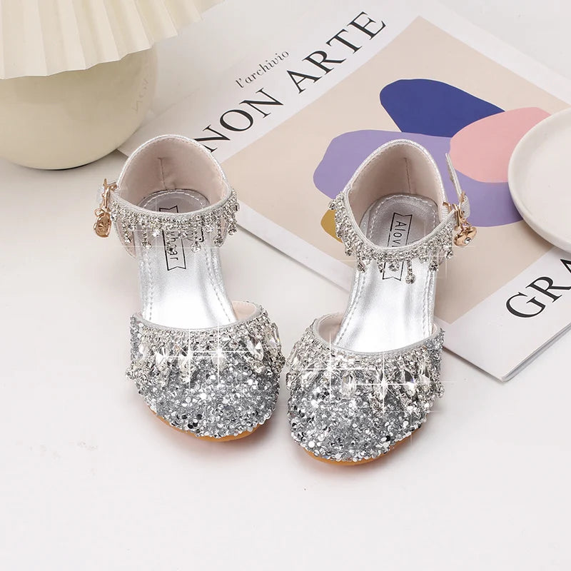 Girls' high-heeled princess shoes model catwalk show silver children's dress shoes shiny stage crystal sandals