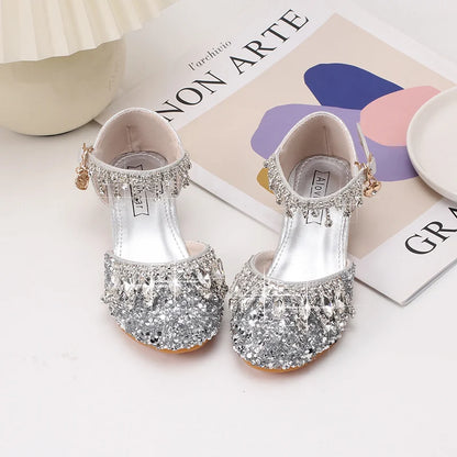Girls' high-heeled princess shoes model catwalk show silver children's dress shoes shiny stage crystal sandals