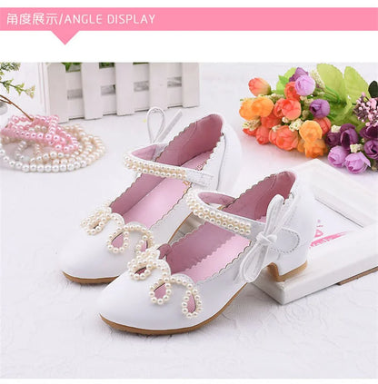 New Princess Kids High Heels Shoes Girls Wedding Dress Party Leather Shoes Children's White Shoes Performance Shoes for Students