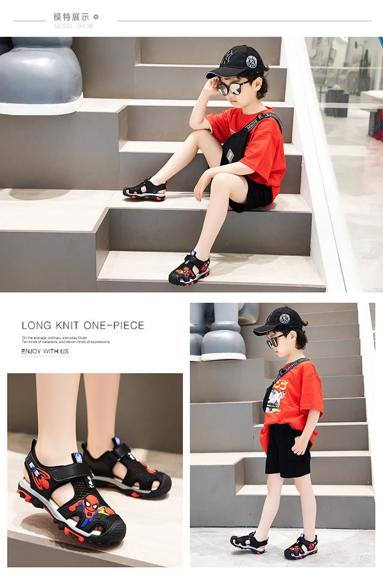 New Summer Kids Boys Sandals Closed Toe Cartoon Spiderman Shoes Orthopedic Sport Pu Leather Soft Baby Girls Beach Shoes Children