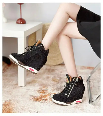 Womens Sneakers Shoes Fashion Platform Designer Thick Sole Casual Hoof Heels TPR Autumn Round Toe Solid High Increased Inte