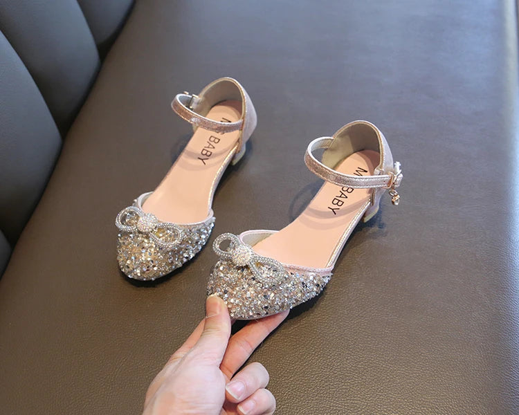 Girls High Heels for Kids Party Wedding Evening Dress Shoes Fashion Bow Diamond Crystal Shoes Princess Stockings Girl Sandals