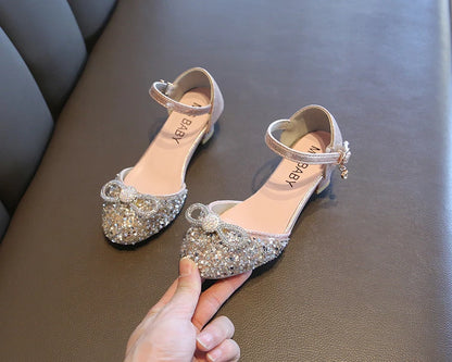 Girls High Heels for Kids Party Wedding Evening Dress Shoes Fashion Bow Diamond Crystal Shoes Princess Stockings Girl Sandals