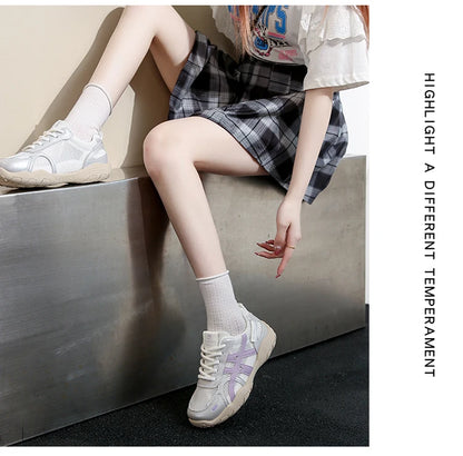 Women's Shoes Casual Platform Shoes Women Round Toe Lace-Up Tennis Vulcanized Sneakers New Style Korean Couple Elderly Shoes