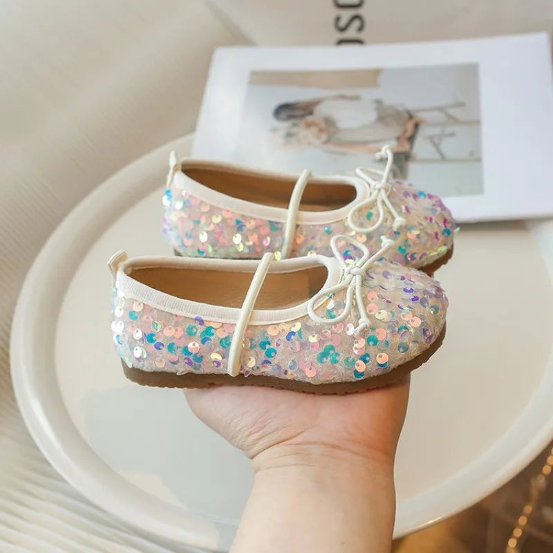 Girls' Shoes Spring New Fashion Little Girl Sequin Princess Shoes Soft Sole Girls' Shallow Mouth Single Shoes Breathable