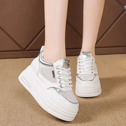 Women's White Chunky Sole Sneakers – Breathable Mesh Shoes with Thick Platform and Air Cushion for Casual Wear