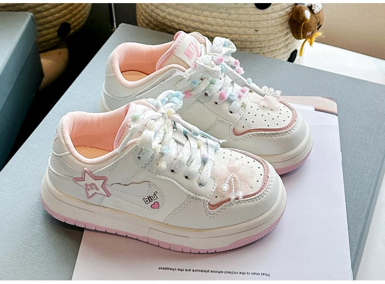 Girls' white sneakers autumn New leather breathable casual shoes, girls' soft-soled sports shoes and running shoes