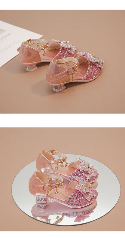 Girls High Heeled Leather Shoes High Heels for Wedding Party Glitter Rhinestone with Bow-knot Kids Dress Pendant Bling Sparkling