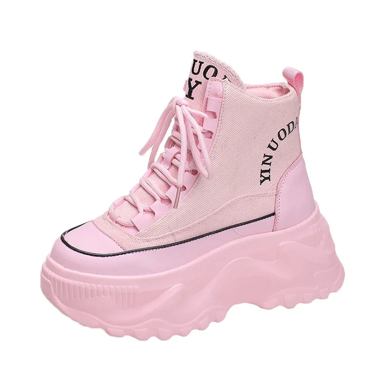 Women Sneakers High Top Platform Breathable Leather Shoes Autumn Ladies Wedges Casual Shoes For Woman Sports Dad Shoes 8CM