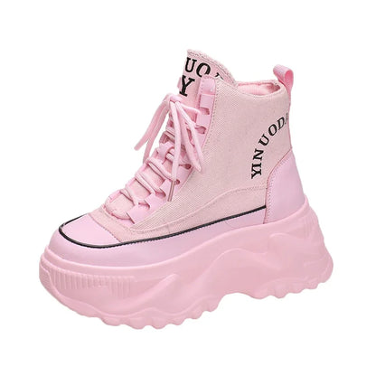 Women Sneakers High Top Platform Breathable Leather Shoes Autumn Ladies Wedges Casual Shoes For Woman Sports Dad Shoes 8CM