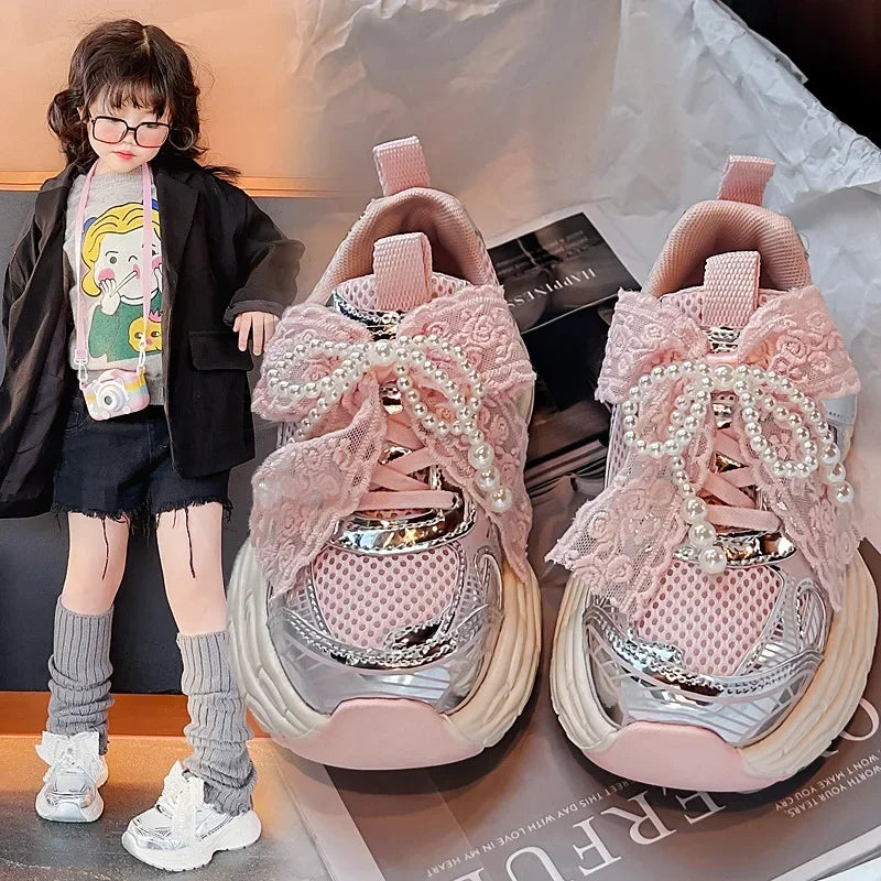 Girls Running Shoes with Sweet Mesh Bow Kids Sports Shoes Breathable New Fashion Children Sneakers Princess Style Cute