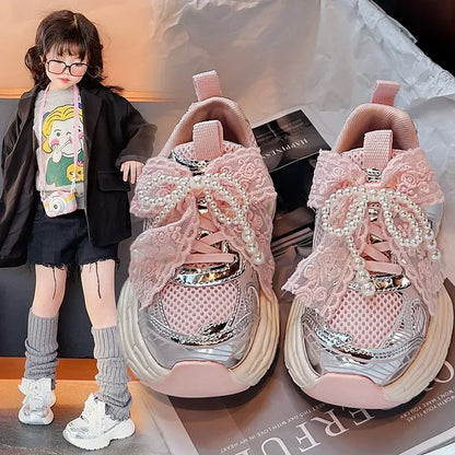 Girls Running Shoes with Sweet Mesh Bow Kids Sports Shoes Breathable New Fashion Children Sneakers Princess Style Cute