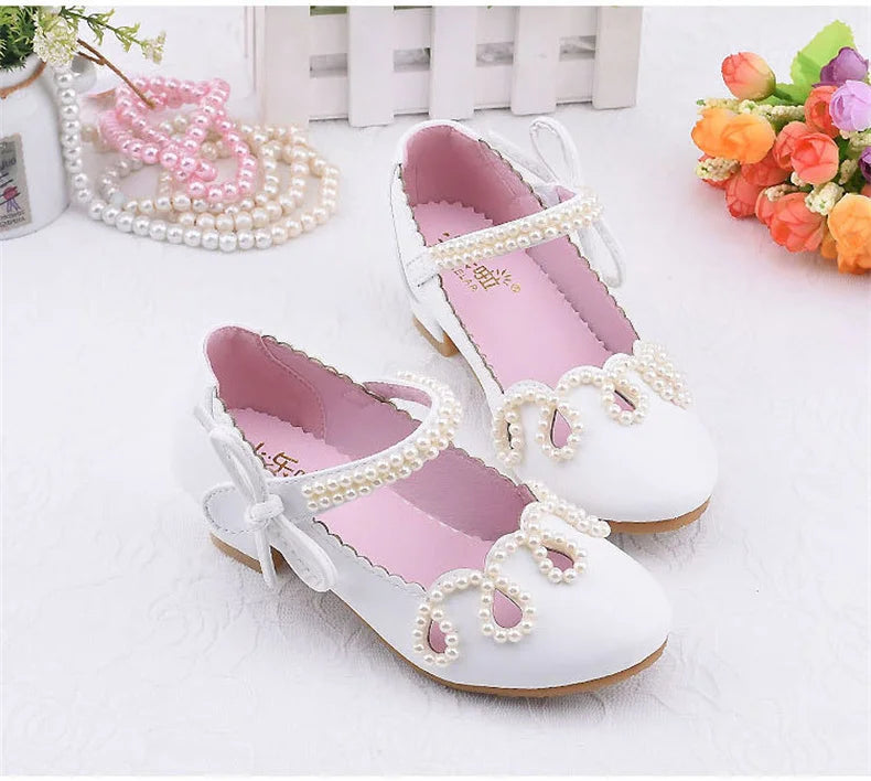 New Princess Kids High Heels Shoes Girls Wedding Dress Party Leather Shoes Children's White Shoes Performance Shoes for Students
