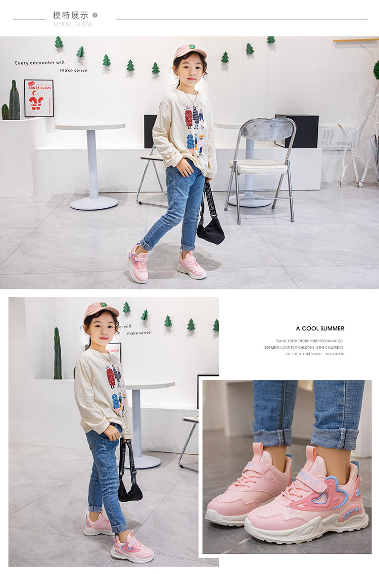Children's Running Shoes Girls Sneakers Fashion Classic Hot Sale Kids School Casual Sports Shoes Anti-skid Pink with Love Heart