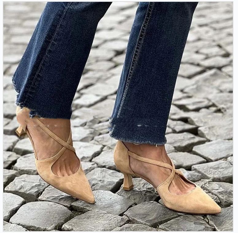 Plus Size Pointed Toe Suede Cross Buckle Strap Hollowed Sandals