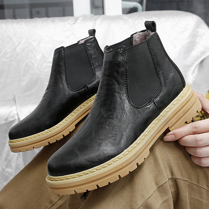 Trendy Thick-soled Work Boots Retro British Style Fleece-lined Men's Boots