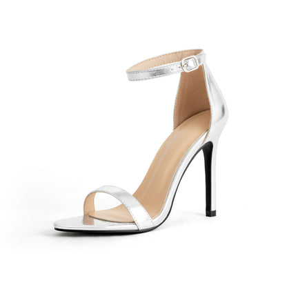 European And American Large Size Black Square Toe Shoes Stiletto Heel Pumps Strap Sandals