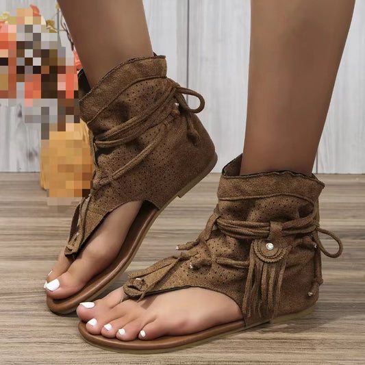 Retro Flat Bottom Tassel Hollow Toe Sandals