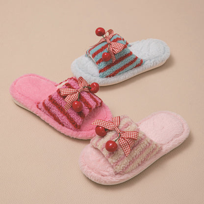 Contrast Color Cherry Open Plush Slippers