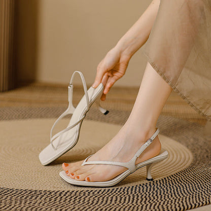 Soft Leather Square Toe High Heel Sandals For Women Summer