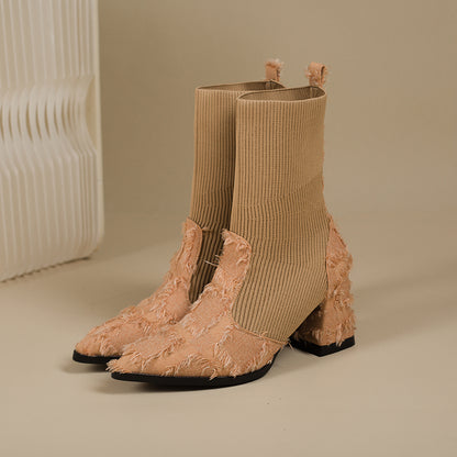 Women's Fringe And Knit Combination Mid-Calf Boots, Boho Chunky Block Heel Ankle Booties, Pointed Toe Slip-On Casual Boots With Raw Cut Edge Detail